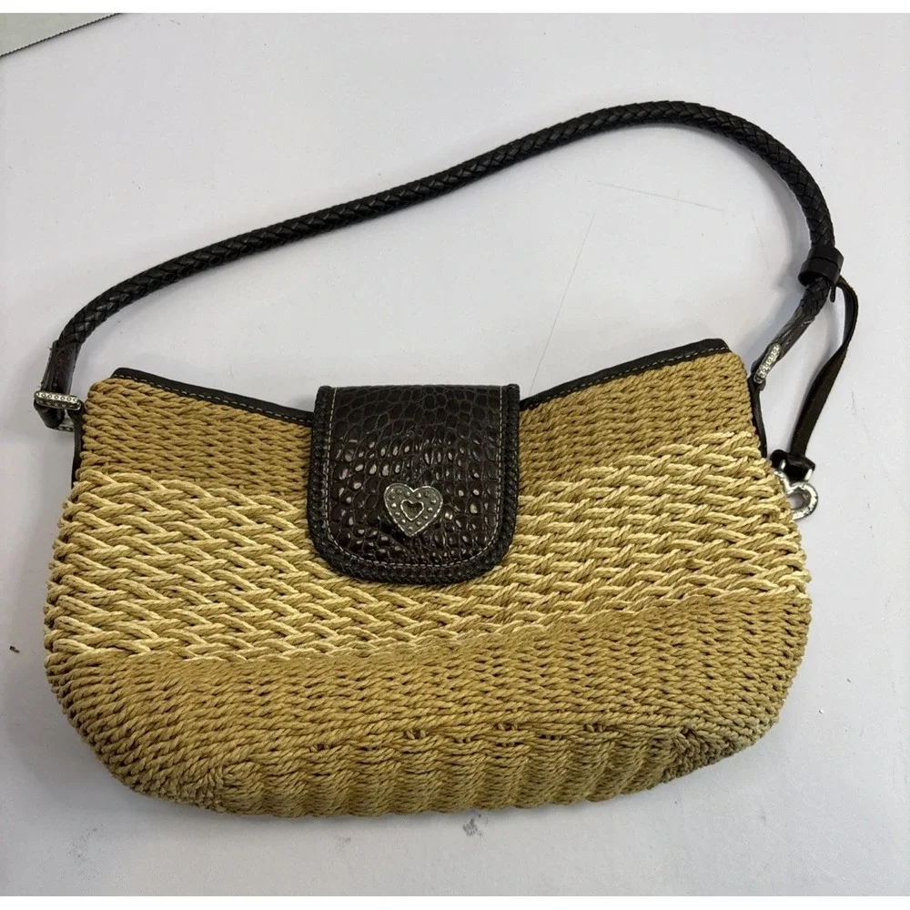 BRIGHTON Hand Woven Straw Shoulder Bag‎ Tote Purse with Brown Leather Trim Charm
